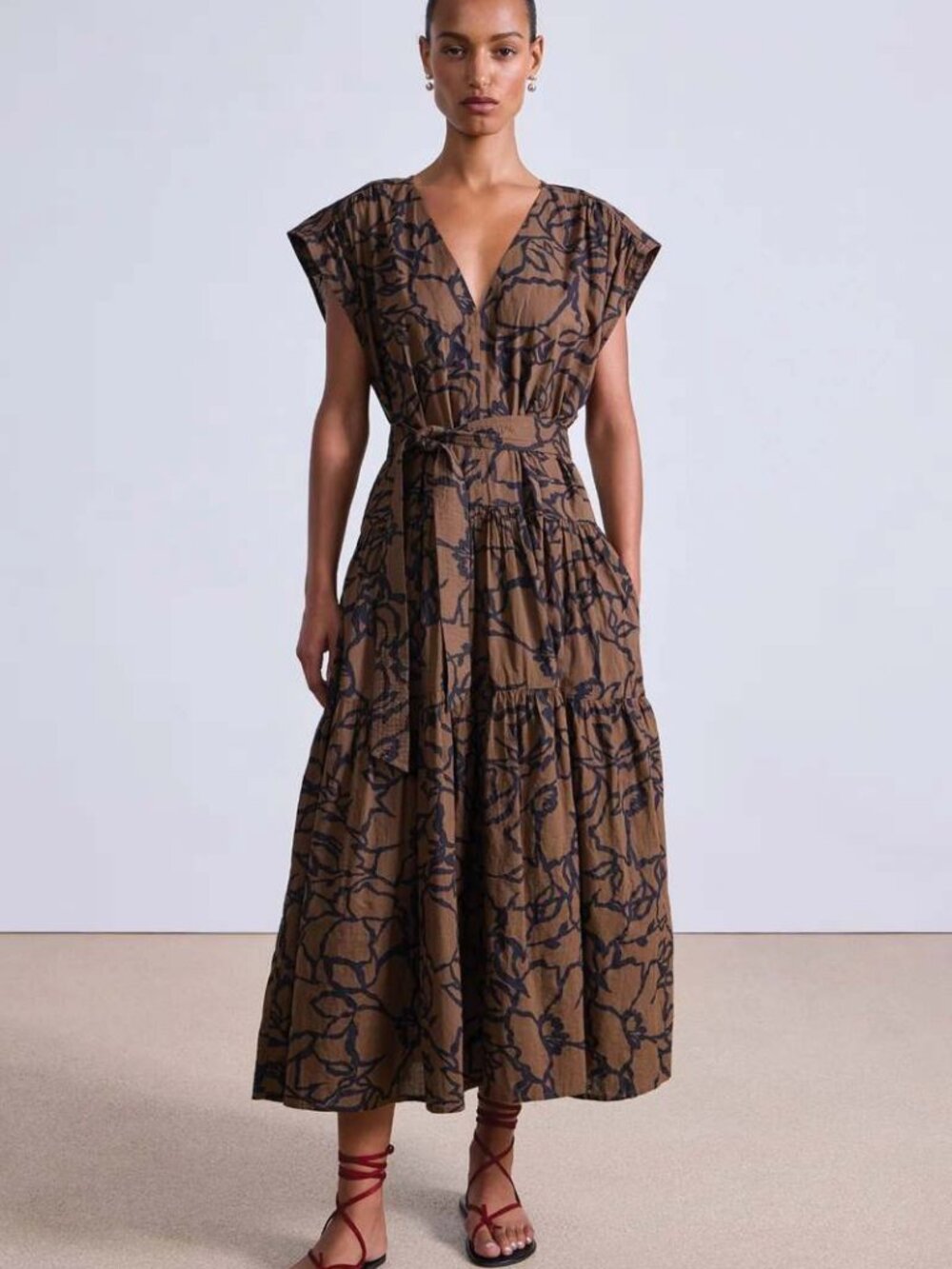 🌟 Apiece Apart Agathe Brown Floral Tier Maxi Dress with Waist Tie Belt · Small - Picture 4 of 4